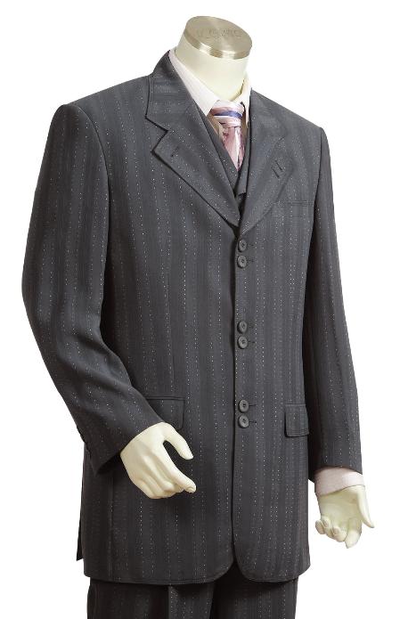 Men's Fashion 3 Piece Vested Charcoal Zoot Suit - 36 Regular Jacket+30 Waist Adjustable 26to32)Height: 5'7"-6')(Neck: 14.5-16:S)