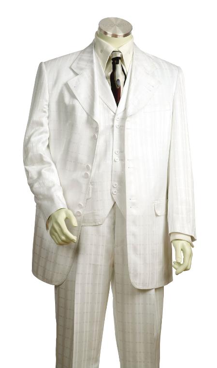 Men's Fashionable 3 Piece White Ton on Ton Shadow Stripe Zoot Suits For Men - 36 Regular Jacket+30 Waist Adjustable 26to32)Height: 5'7"-6')(Neck: 14.5-16:S)