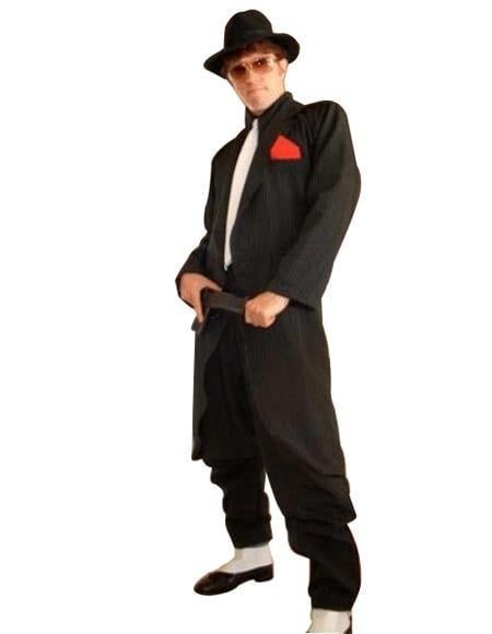Men's Liquid Jet Black Fashion Long Zoot Suit + Shirt & Tie & Hat - 22.5” Neck /36-37” Sleeve