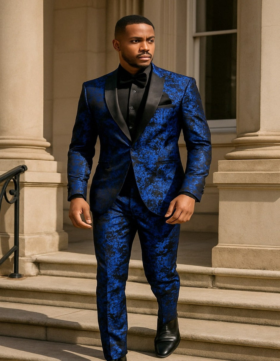 Men’s Royal Blue and Black Floral Tuxedo Suit – Slim Fit 2 Piece Formal Outfit with Matching Bow Tie - 34 Short or Extra Small