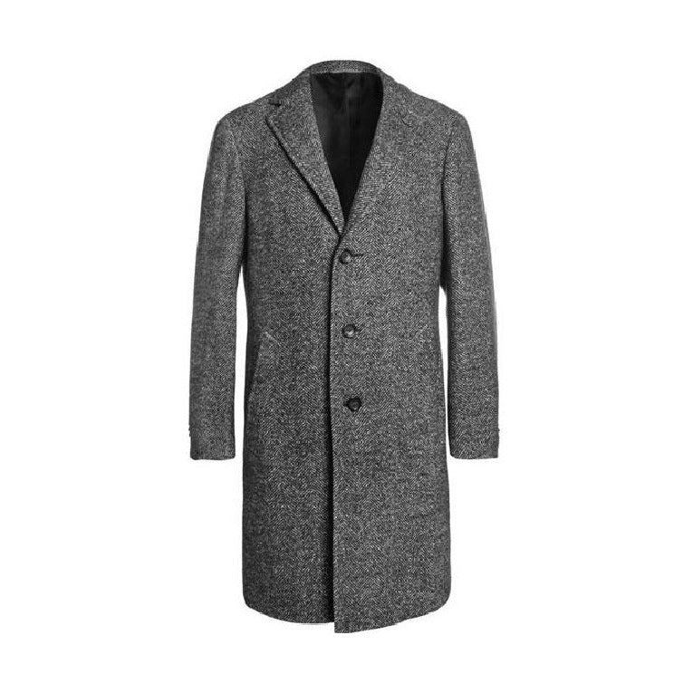 Men's Herringbone Grey Notch Lapel Topcoat Full Length Overcoat - Coat Size 38