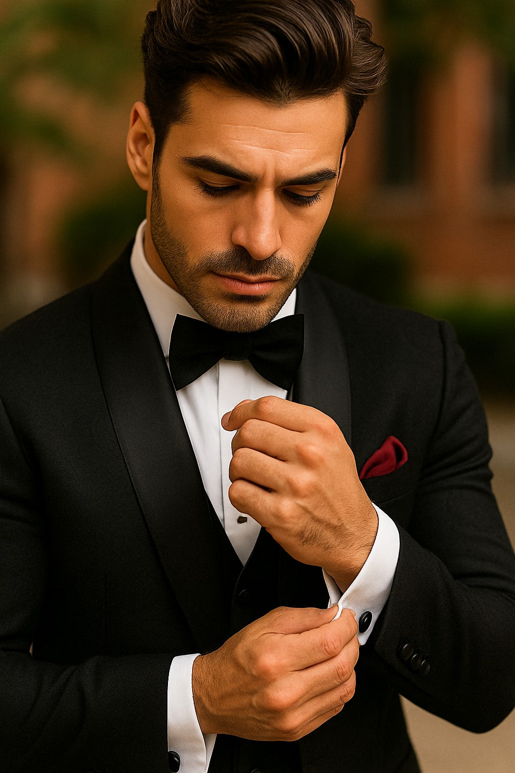 Men One Button Floral All Black Tuxedo with Shawl Lapel – 3 Piece