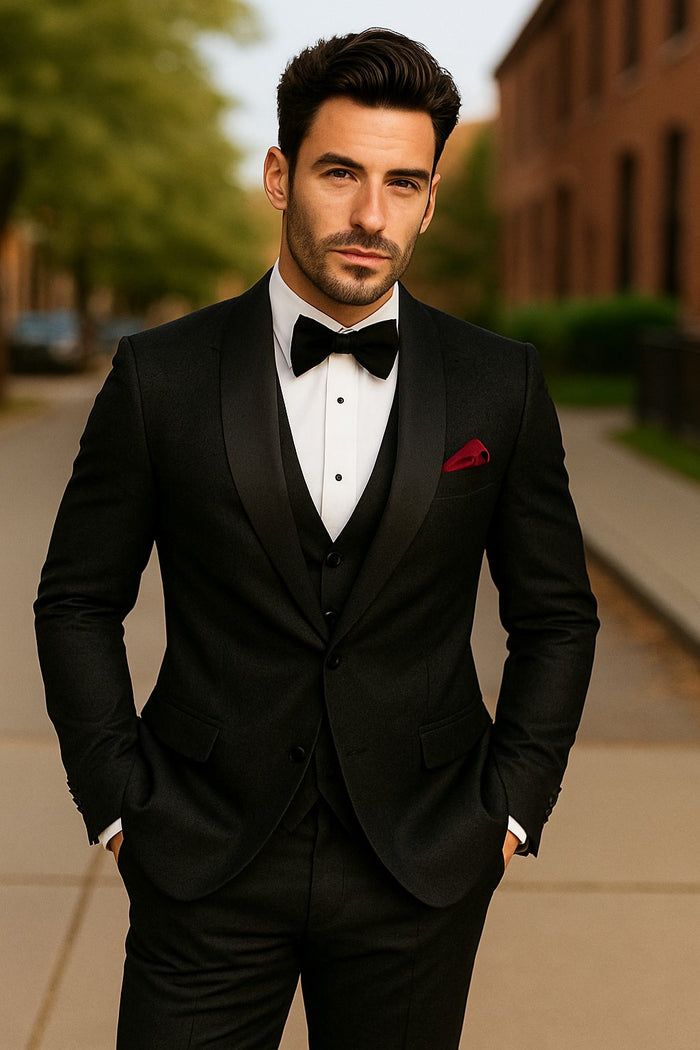 Men One Button Floral All Black Tuxedo with Shawl Lapel 3 Piece-New Designer Collection