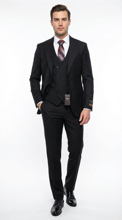 Tiglio Mens Black 3 Piece Suit Classic Formal Business Suit with Vest for Wedding and Special Occasion