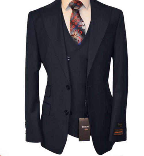 Tiglio Mens Black 3 Piece Suit Classic Formal Business Suit with Vest for Wedding and Special Occasion