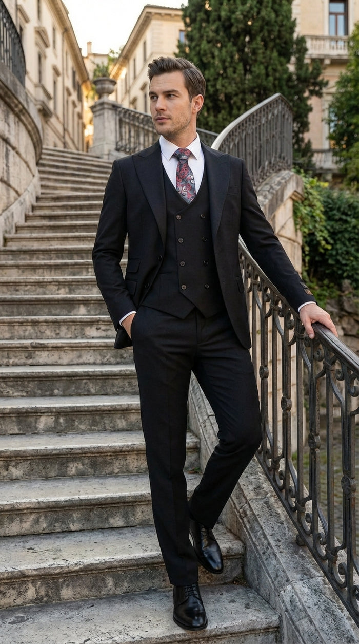 Tiglio Mens Black 3 Piece Suit Classic Formal Business Suit with Vest for Wedding and Special Occasion