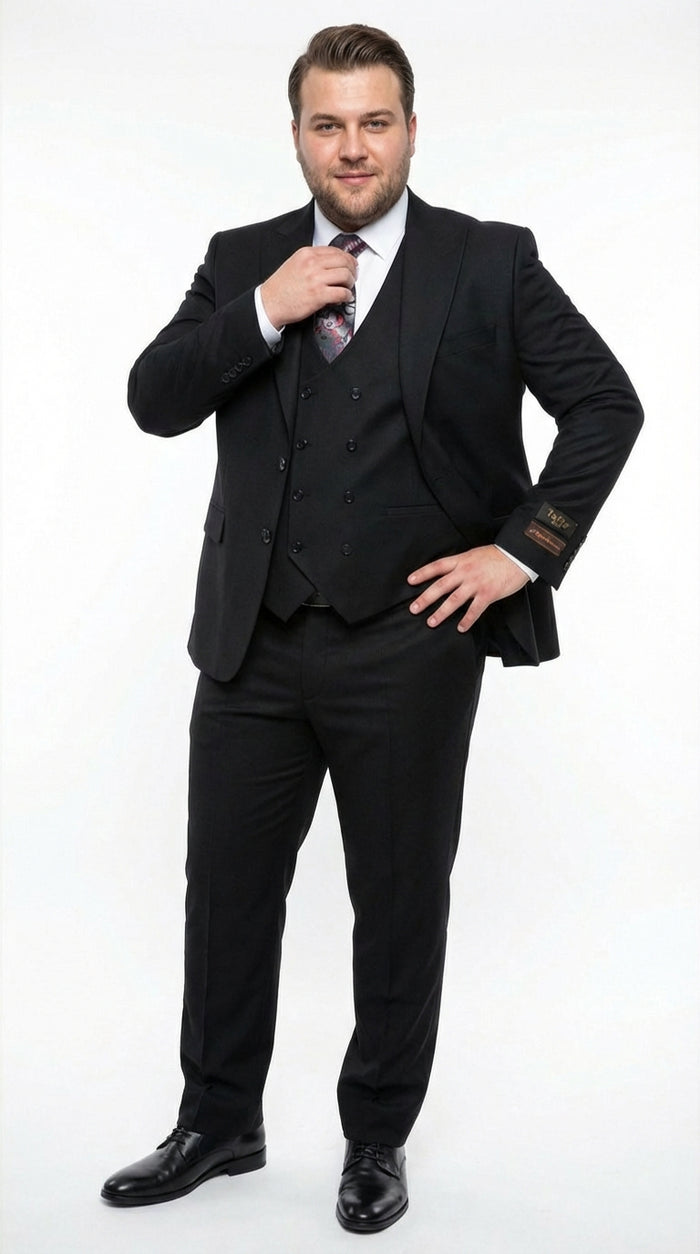 Tiglio Mens Black 3 Piece Suit Classic Formal Business Suit with Vest for Wedding and Special Occasion