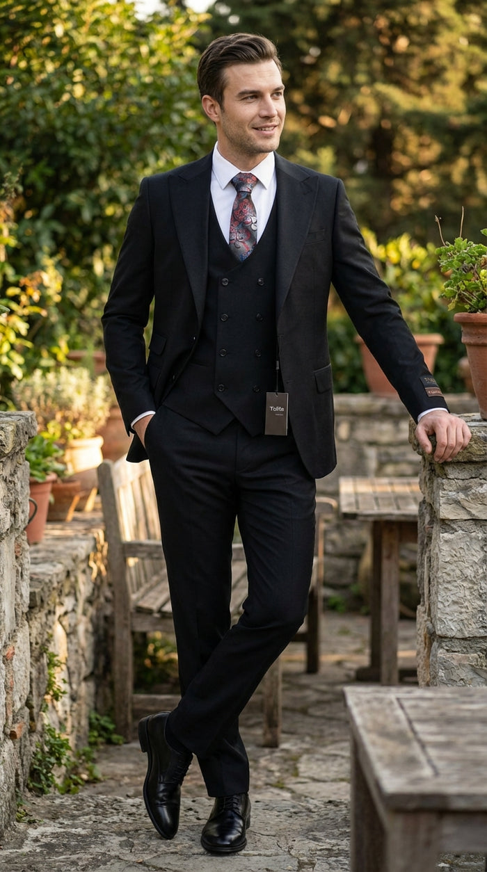 Tiglio Mens Black 3 Piece Suit Classic Formal Business Suit with Vest for Wedding and Special Occasion