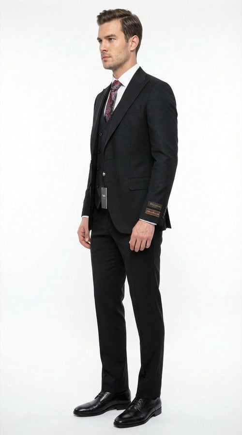 Tiglio Mens Black 3 Piece Suit Classic Formal Business Suit with Vest for Wedding and Special Occasion