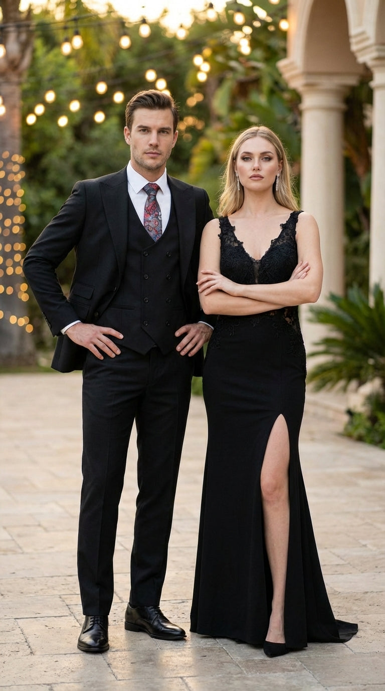 Tiglio Mens Black 3 Piece Suit Classic Formal Business Suit with Vest for Wedding and Special Occasion
