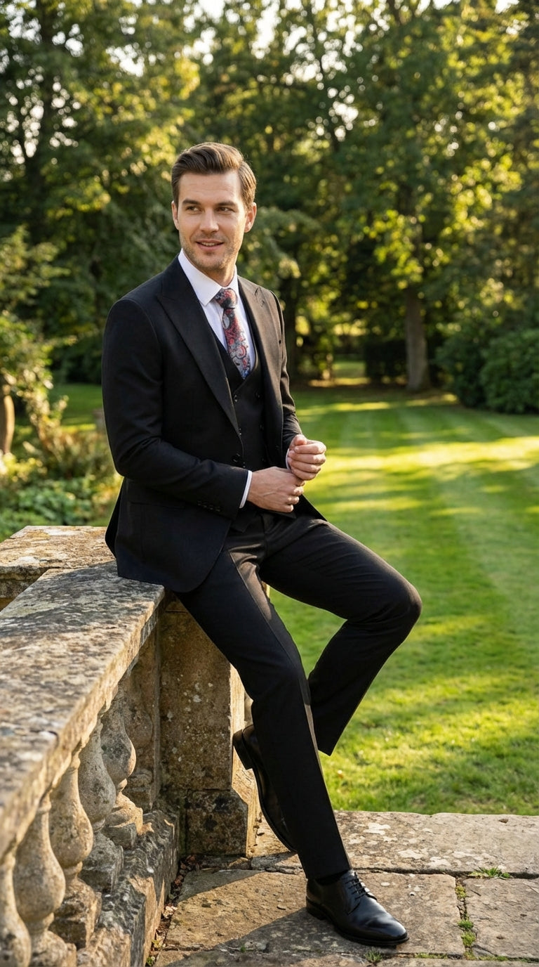 Tiglio Mens Black 3 Piece Suit Classic Formal Business Suit with Vest for Wedding and Special Occasion