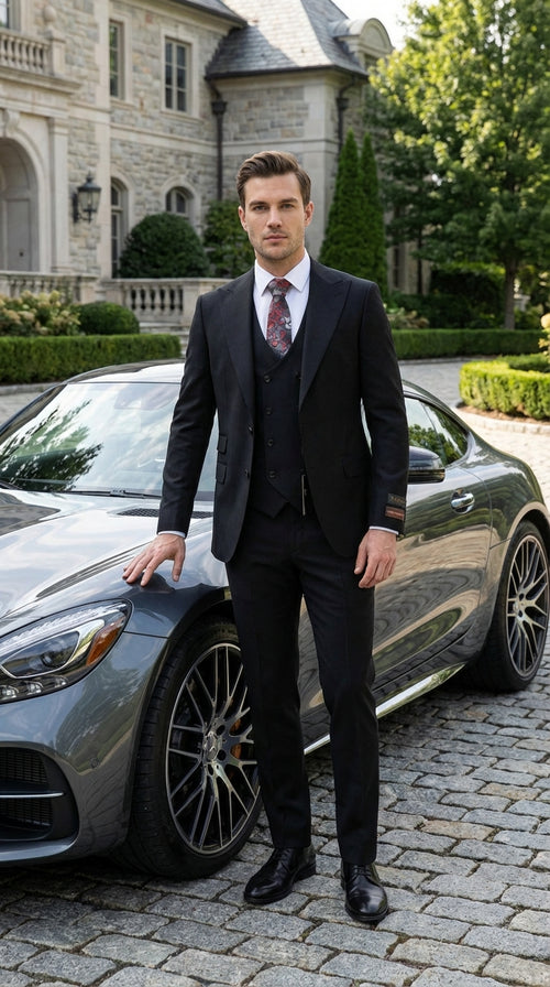 Tiglio Mens Black 3 Piece Suit Classic Formal Business Suit with Vest for Wedding and Special Occasion