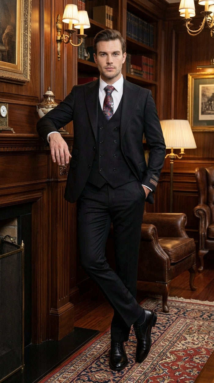 Tiglio Mens Black 3 Piece Suit Classic Formal Business Suit with Vest for Wedding and Special Occasion