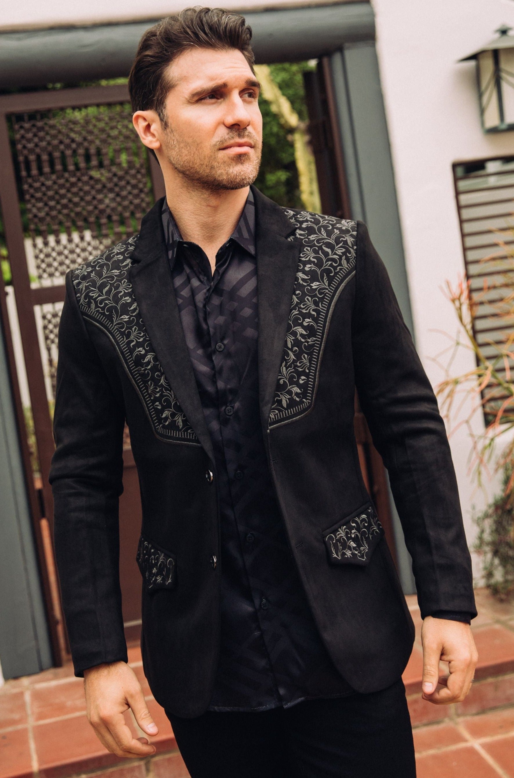 Men’s Black Faux Suede Embroidered Dinner Blazer – Modern Fit Formal Jacket - S