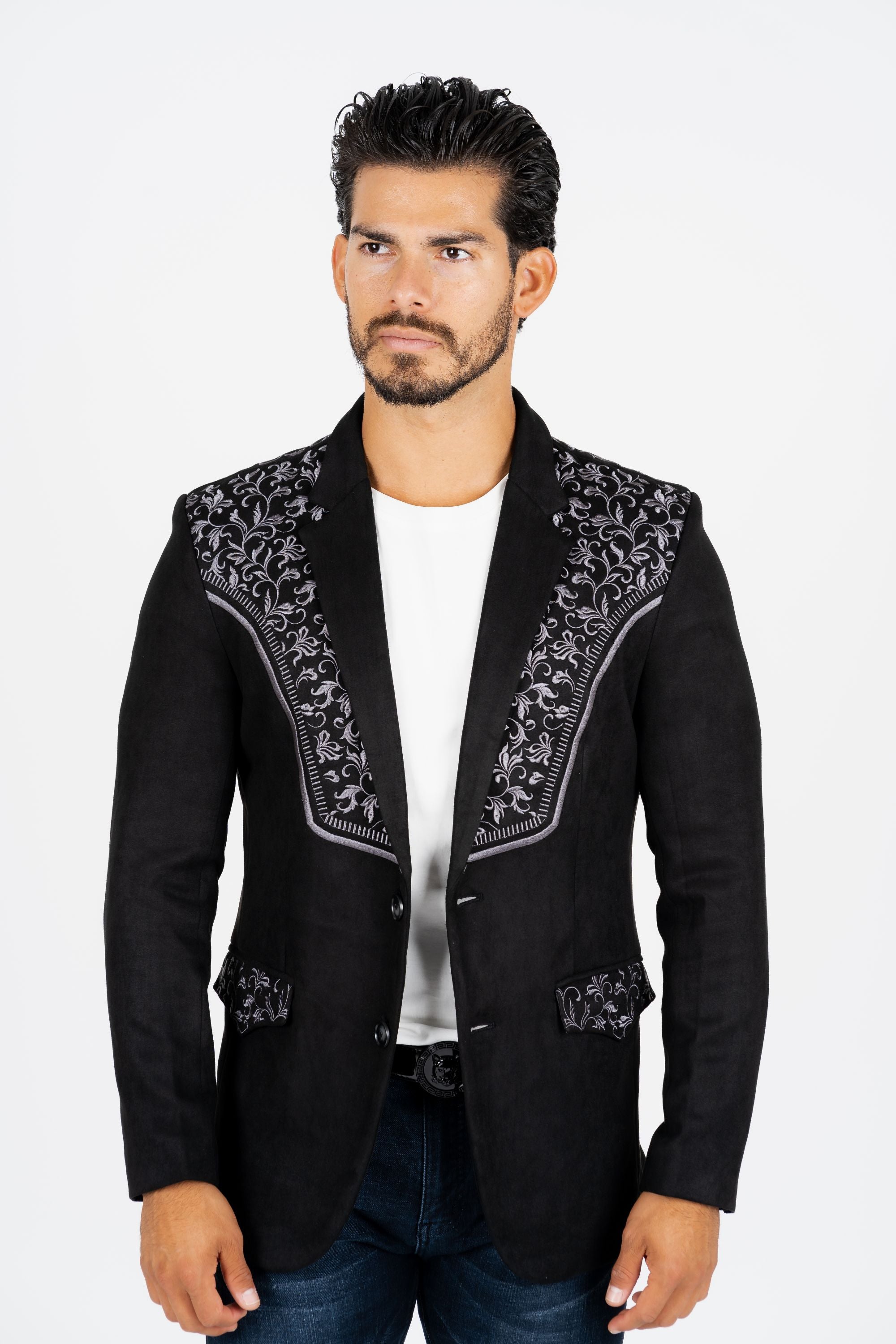 Men’s Black Faux Suede Embroidered Dinner Blazer – Modern Fit Formal Jacket - S