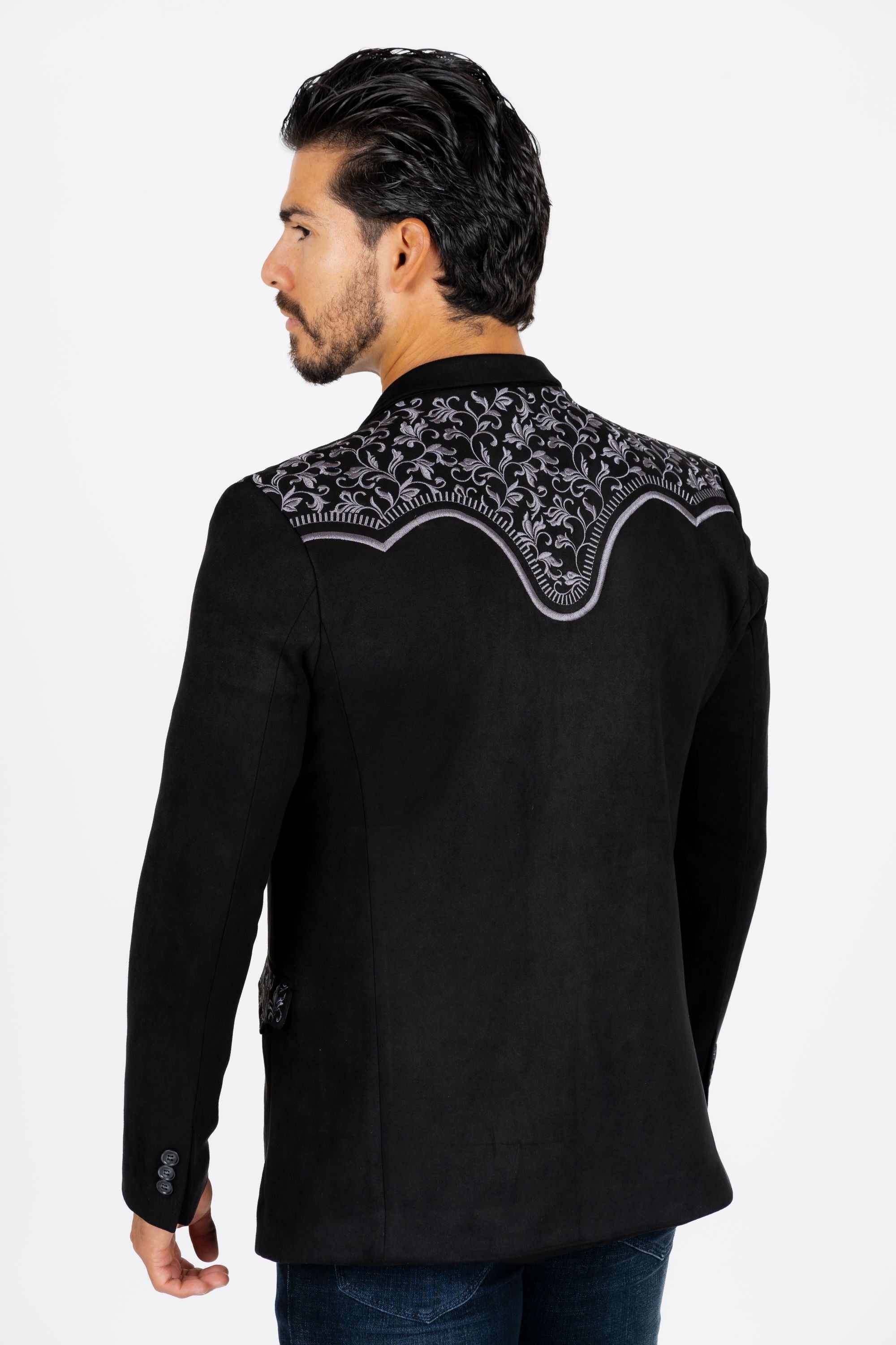 Men’s Black Faux Suede Embroidered Dinner Blazer – Modern Fit Formal Jacket