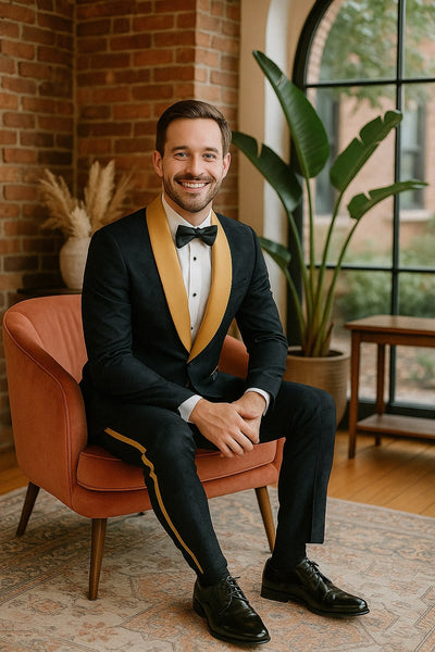 Men's Black and Gold Shawl Lapel Tuxedo with Jacquard Texture Wedding & Prom Suit