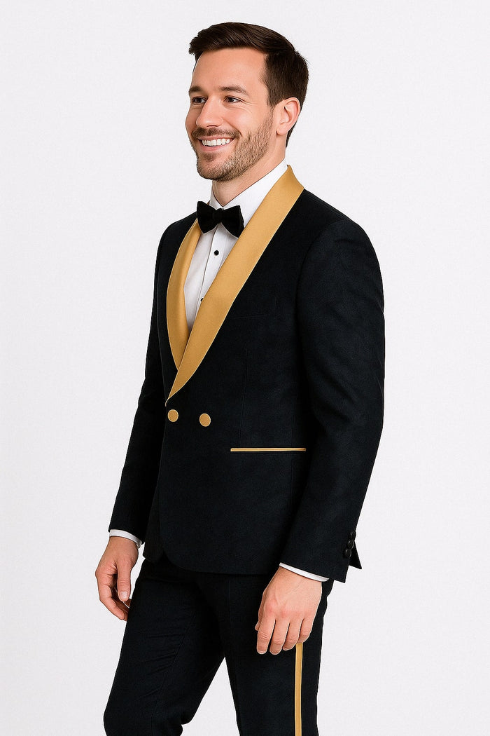 Men's Black and Gold Shawl Lapel Tuxedo with Jacquard Texture Wedding & Prom Suit