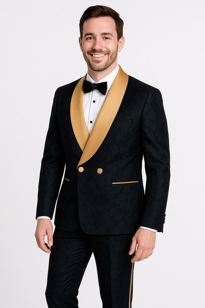 Men's Black and Gold Shawl Lapel Tuxedo with Jacquard Texture Wedding & Prom Suit
