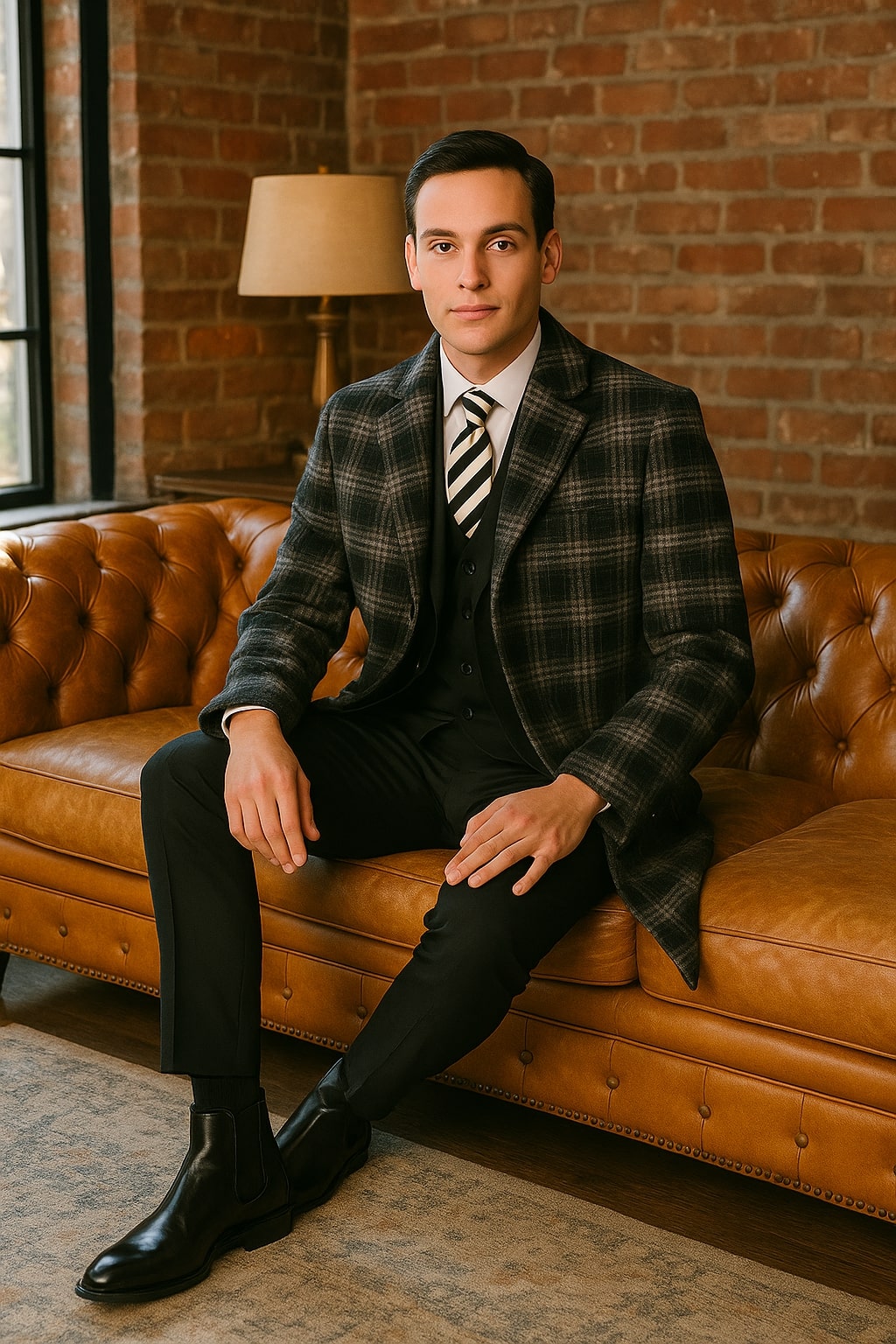 Men's Black and White Windowpane Plaid Overcoat â€“ Classic Full Length Wool Blend Dress Coat - Coat Size 38