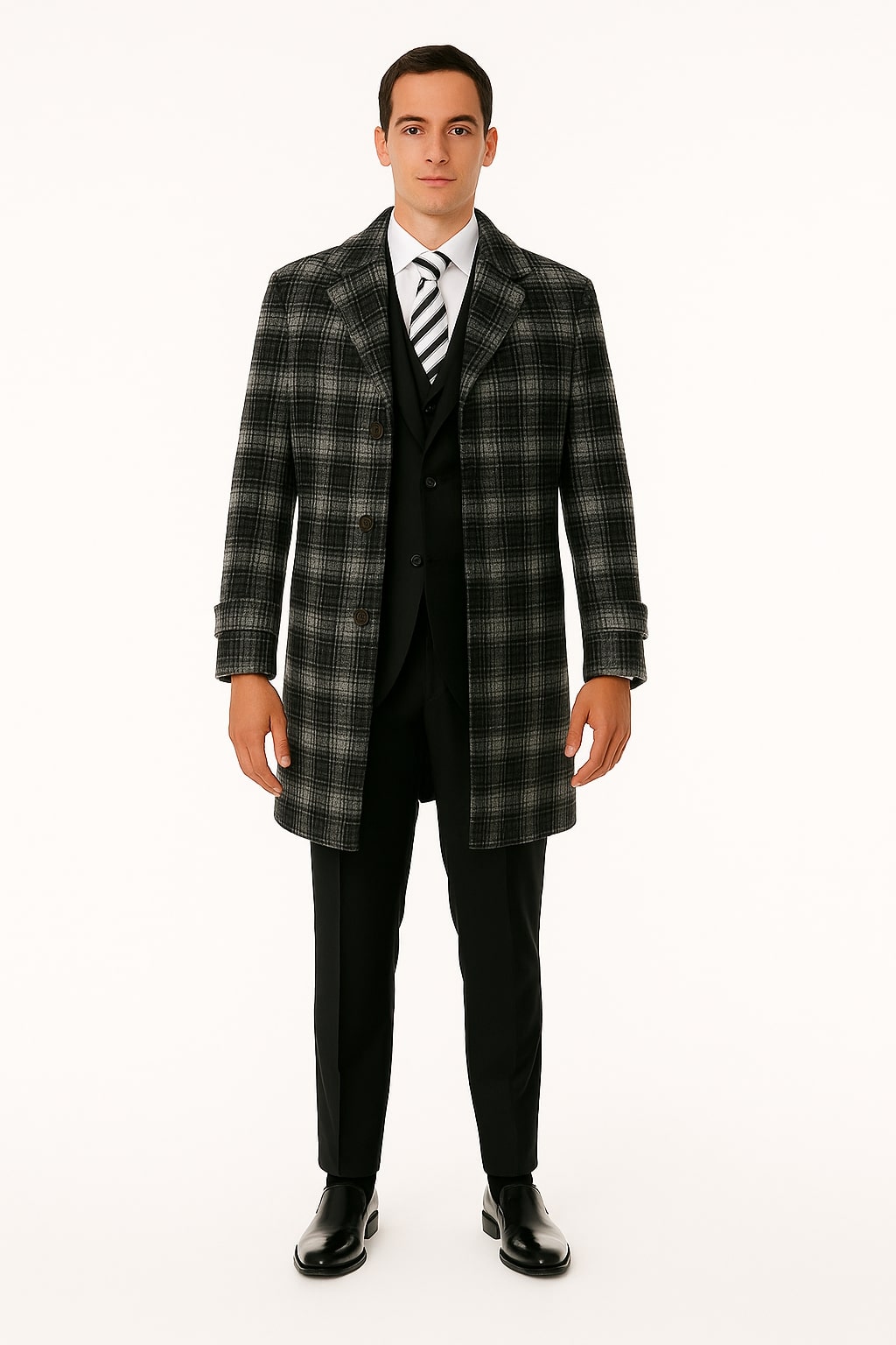 Men's Black and White Windowpane Plaid Overcoat â€“ Classic Full Length Wool Blend Dress Coat - Coat Size 38