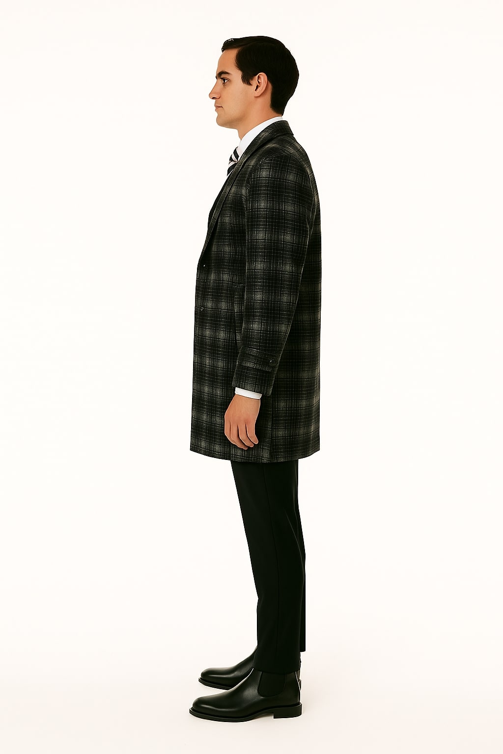 Men's Black and White Windowpane Plaid Overcoat â€“ Classic Full Length Wool Blend Dress Coat