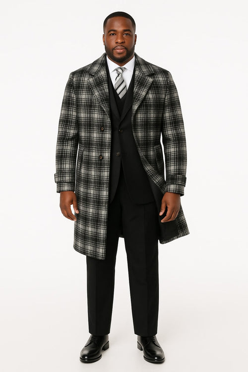 Men's Black and White Windowpane Plaid Overcoat â€“ Classic Full Length Wool Blend Dress Coat