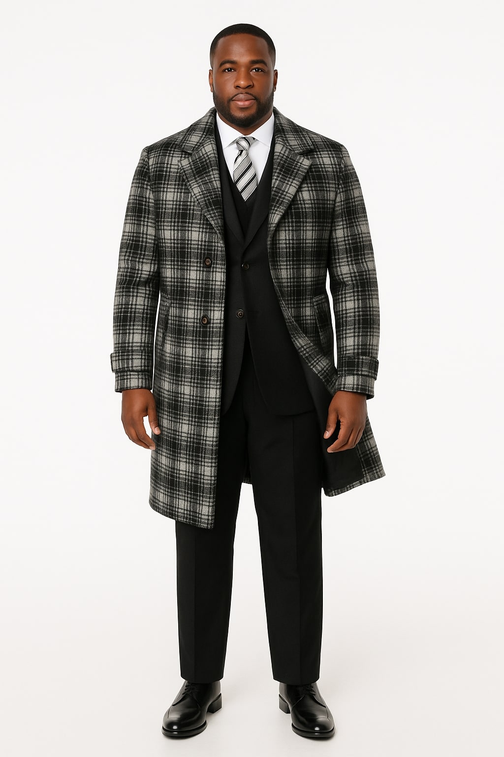 Men's Black and White Windowpane Plaid Overcoat â€“ Classic Full Length Wool Blend Dress Coat