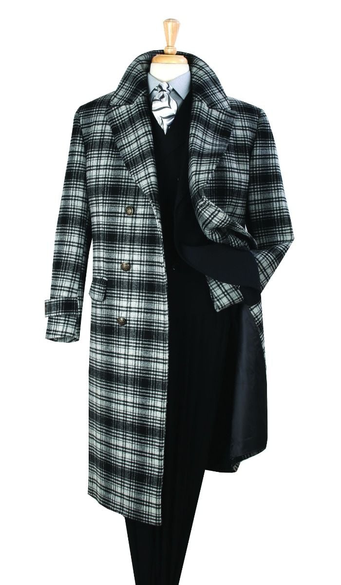 Men's Black and White Windowpane Plaid Overcoat â€“ Classic Full Length Wool Blend Dress Coat - Coat Size 38