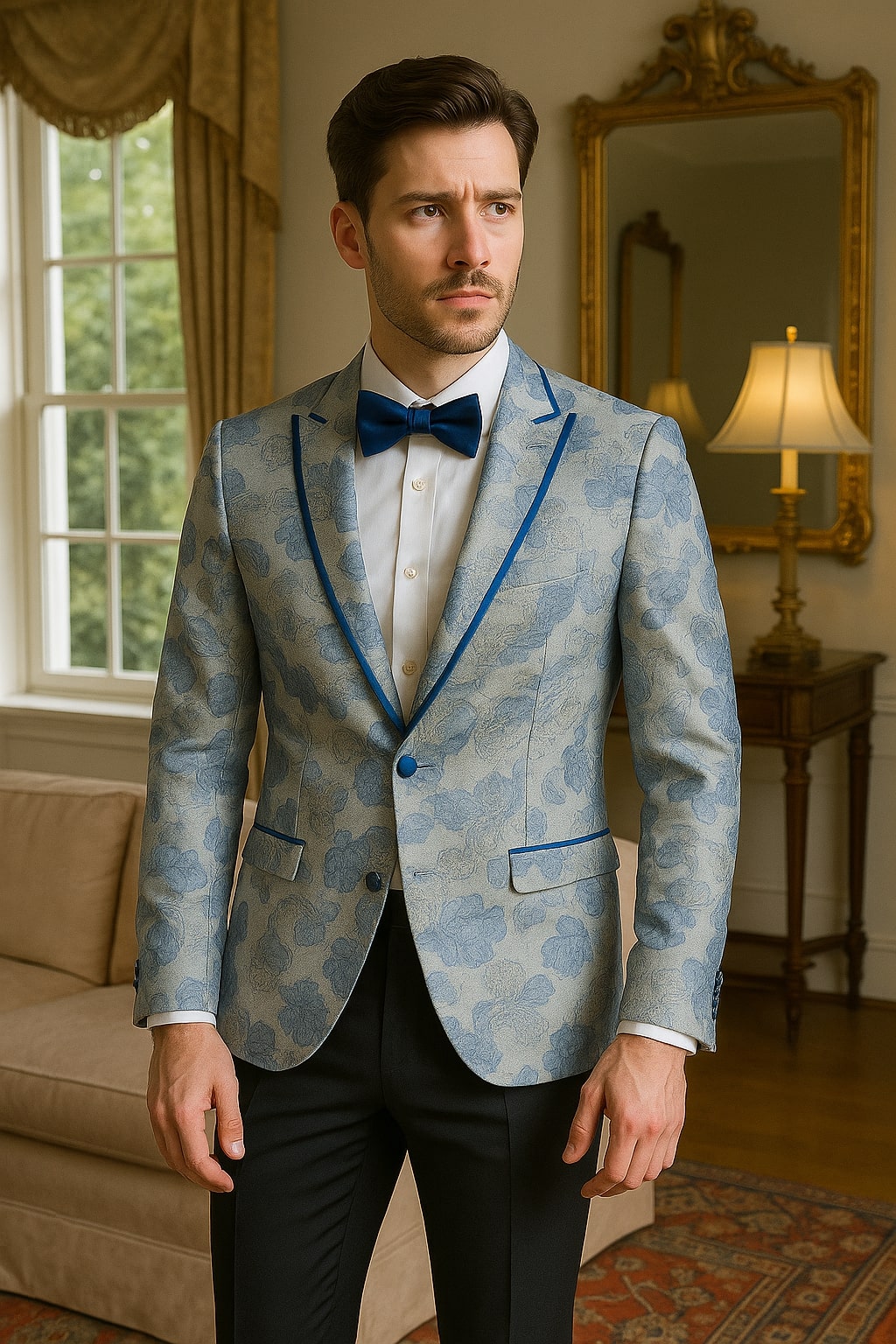 Men's Blue and Gray Tuxedo - Sky Blue Paisley Embroidered Dinner Jacket  Jacket with Satin Trim and Matching Bow Tie - Coat Size 38