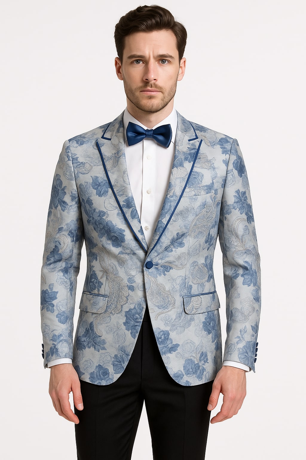 Men's Blue and Gray Tuxedo - Sky Blue Paisley Embroidered Dinner Jacket  Jacket with Satin Trim and Matching Bow Tie - Coat Size 38