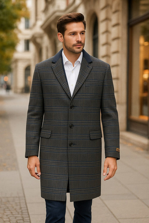Mens Blue and Grey Glen Plaid Wool Overcoat, Classic Long Winter Coat - Chesterfield Blue Collar