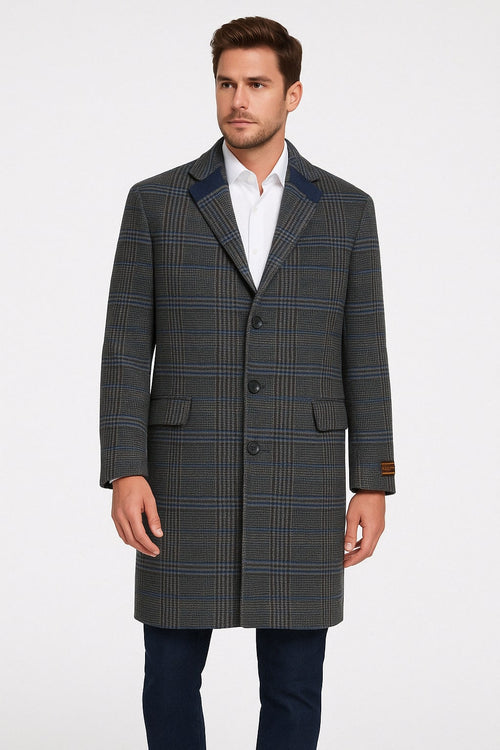 Mens Blue and Grey Glen Plaid Wool Overcoat, Classic Long Winter Coat - Chesterfield Blue Collar