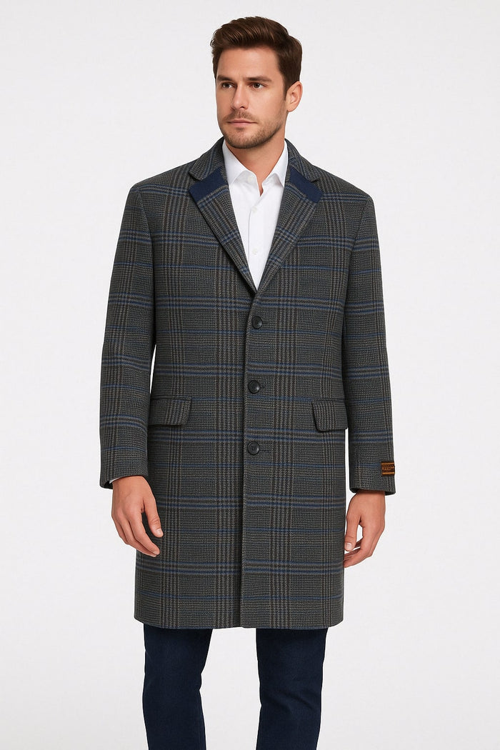 Mens Blue and Grey Glen Plaid Wool Overcoat, Classic Long Winter Coat - Chesterfield Blue Collar