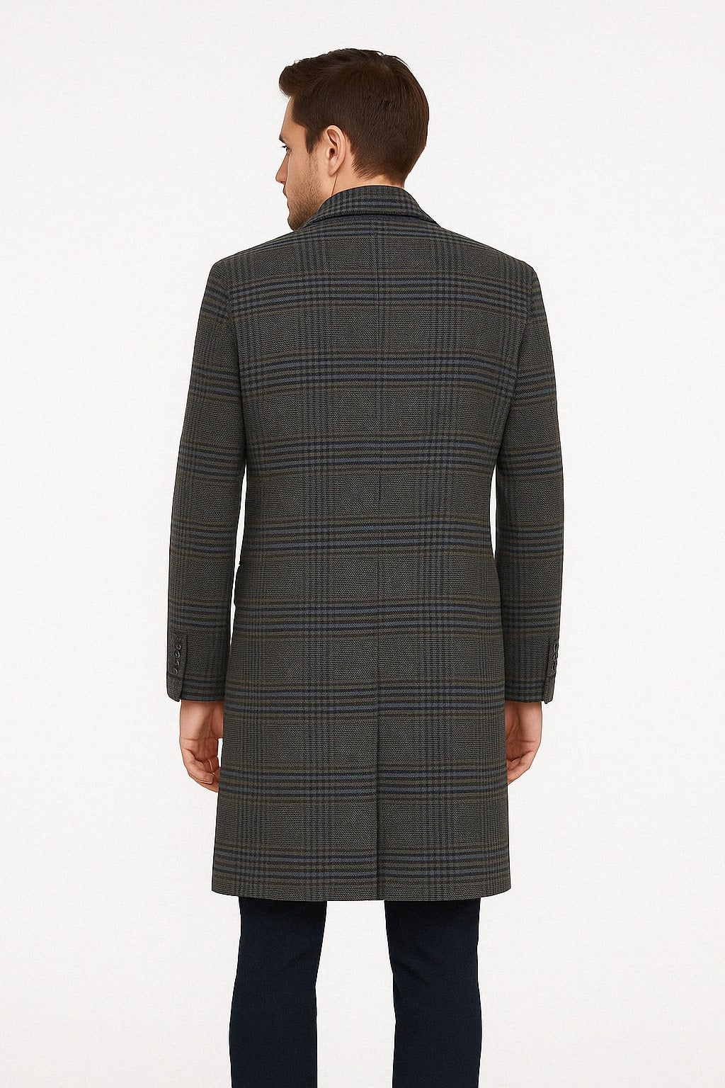 Mens Blue and Grey Glen Plaid Wool Overcoat, Classic Long Winter Coat - Chesterfield Blue Collar - Coat Size 38