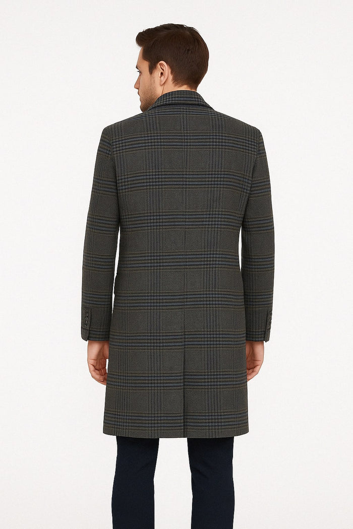 Mens Blue and Grey Glen Plaid Wool Overcoat, Classic Long Winter Coat - Chesterfield Blue Collar