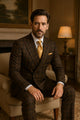 Rossiman Classic Wool Suit – Brown Windowpane Plaid Double-Breasted Formalwear - New Arrival