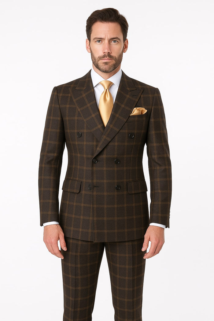 Rossiman Classic Wool Suit Brown Windowpane Plaid Double-Breasted Formalwear - New Arrival