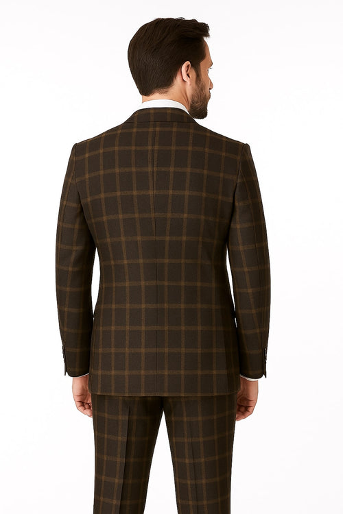 Rossiman Classic Wool Suit Brown Windowpane Plaid Double-Breasted Formalwear - New Arrival