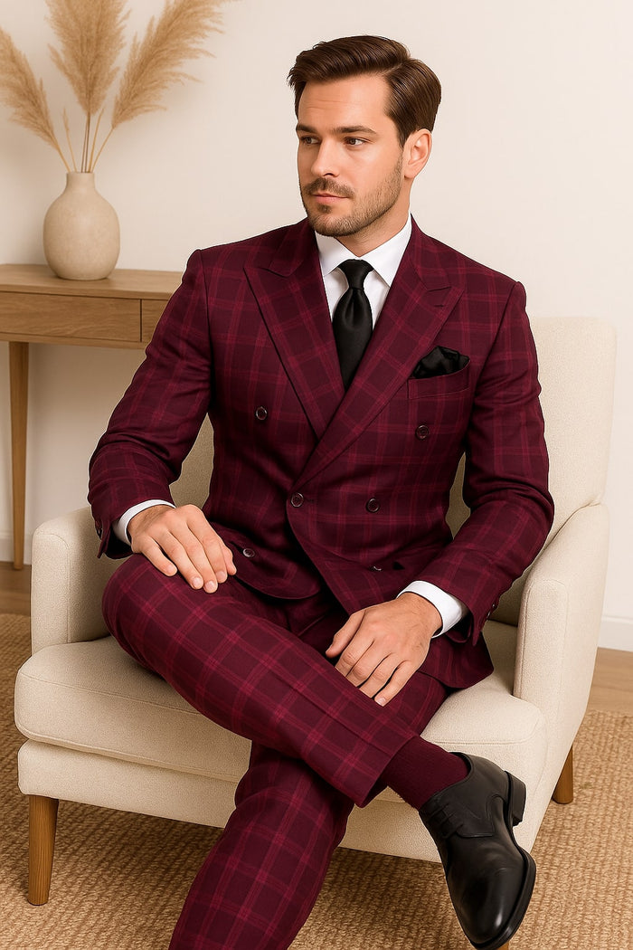 Burgundy Plaid Suit for Men Rossiman Double-Breasted Windowpane Two-Piece