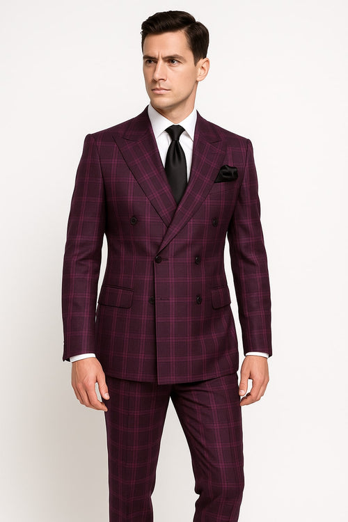 Burgundy Plaid Suit for Men Rossiman Double-Breasted Windowpane Two-Piece