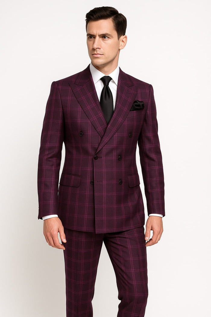 Burgundy Plaid Suit for Men Rossiman Double-Breasted Windowpane Two-Piece