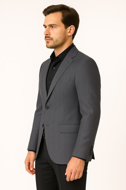 Men's Charcoal Grey Checkered Sport Coat â€“ Classic Plaid Windowpane Pattern Blazer