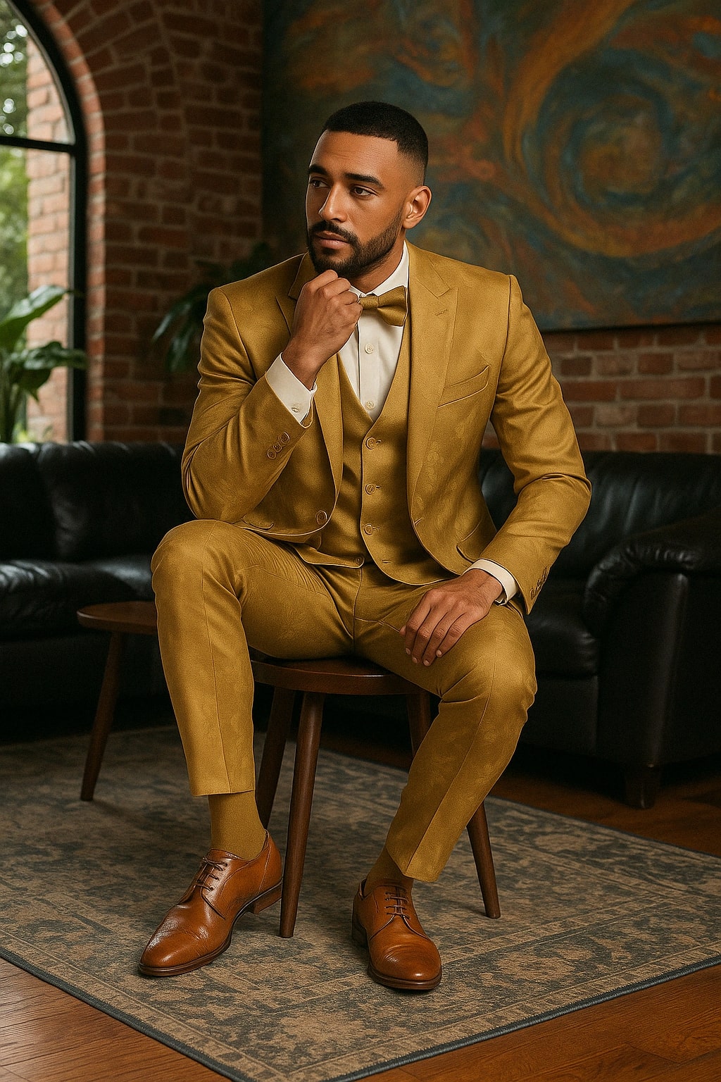 Men's Gold Floral Brocade Three-Piece Suit with Vest and Bow Tie - 34 Short or Extra Small
