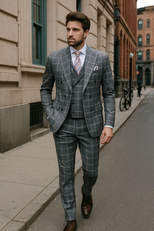 Mens Gray Checkered 3 Piece Double-Breasted Suit, Slim Fit Formal Outfit - Vested Glend Plaid Pattern Checkered