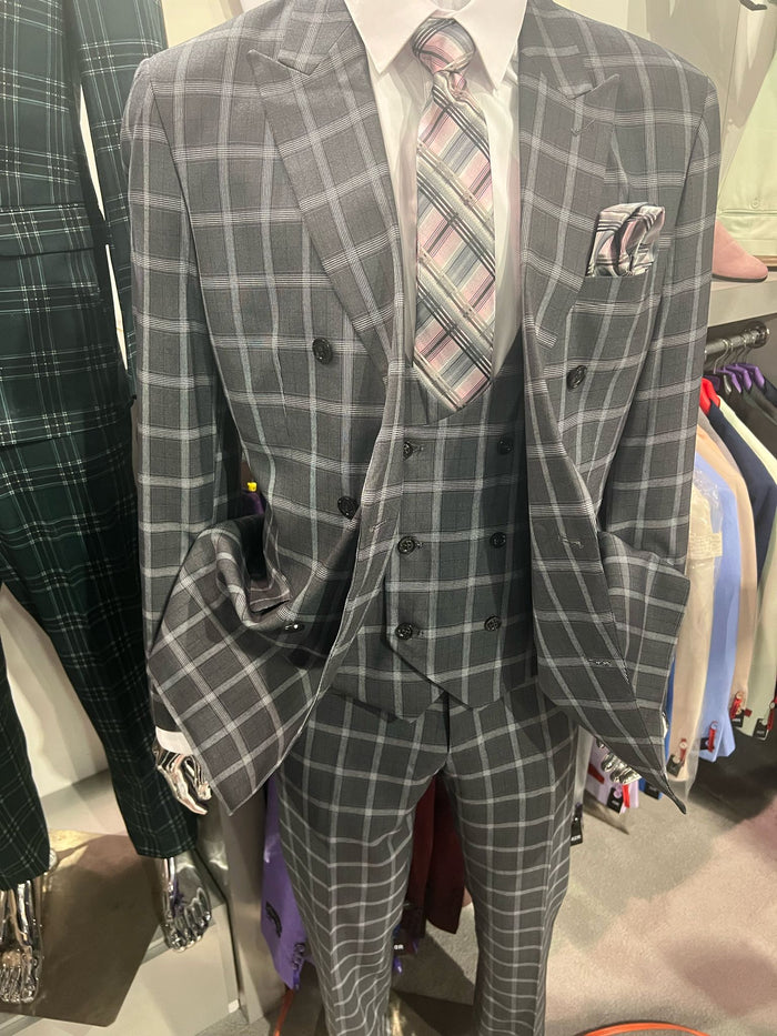 Mens Gray Checkered 3 Piece Double-Breasted Suit, Slim Fit Formal Outfit - Vested Glend Plaid Pattern Checkered