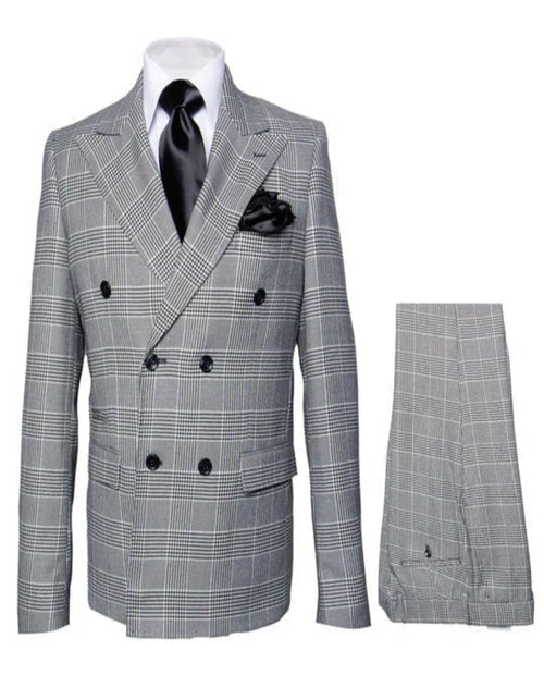 Men's Grey Glen Plaid Double-Breasted Suits Classic Prince of Wales Check Two-Piece Set By Rossiman