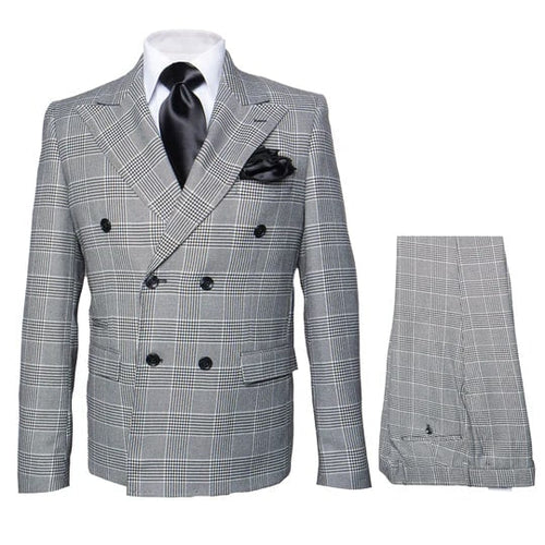 Grey Prince of Wales Check Suit Rossiman Glen Plaid Double-Breasted Two-Piece for Men