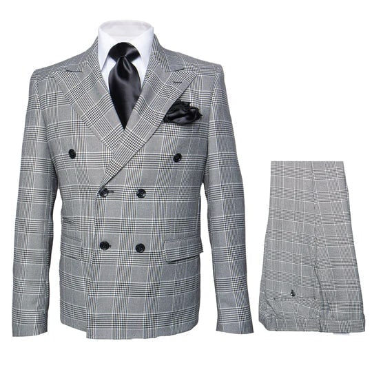 Grey Prince of Wales Check Suit Rossiman Glen Plaid Double-Breasted Two-Piece for Men