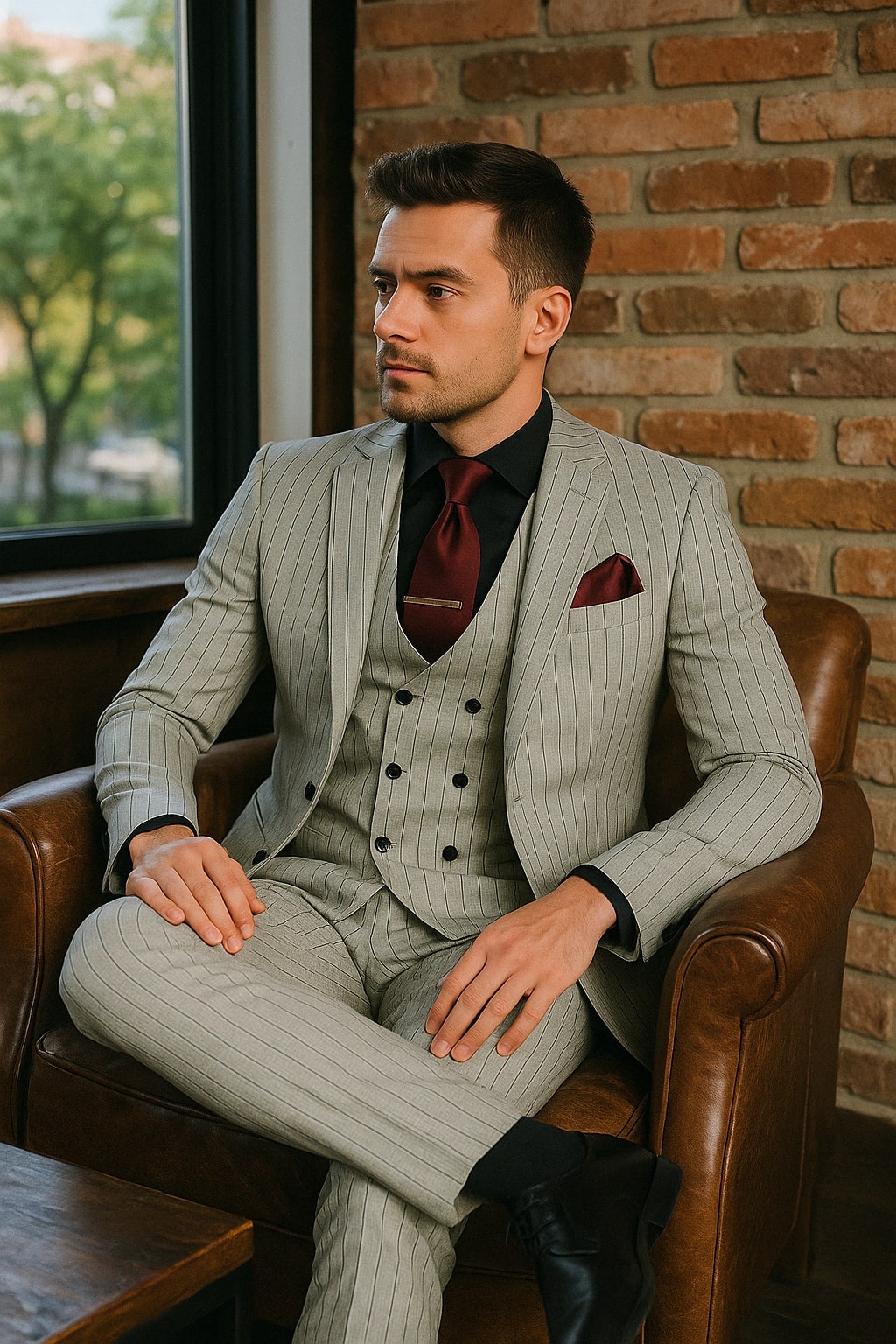 Men's Grey and Black Pinstripe Three-Piece Suit 1920s Suit Gangster Stripe Vintage Look - 34 Short or Extra Small